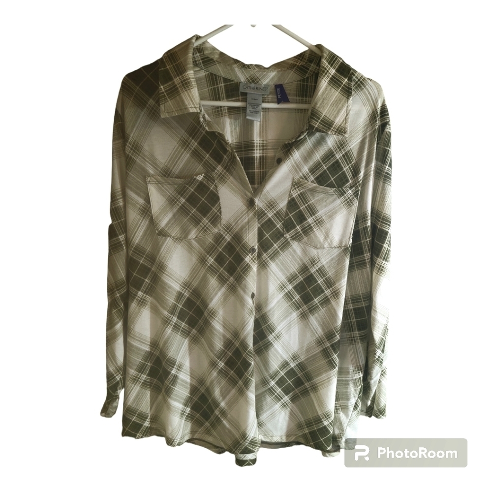 Catherines light green Plaid Pocket Button Down Flannel 1x petite